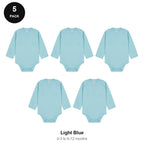 Baby Long Sleeve Bodysuits 5 Pack - 100% combed cotton interlock 180gsm, 0-12 Months - Light Blue