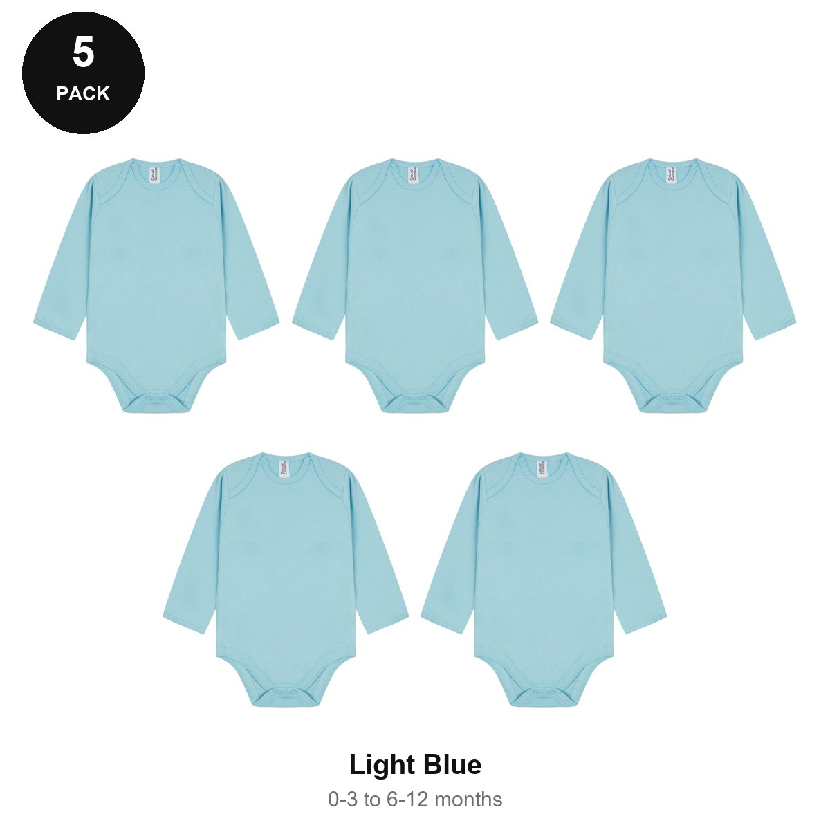 Baby Long Sleeve Bodysuits 5 Pack - 100% combed cotton interlock 180gsm, 0-12 Months - Light Blue