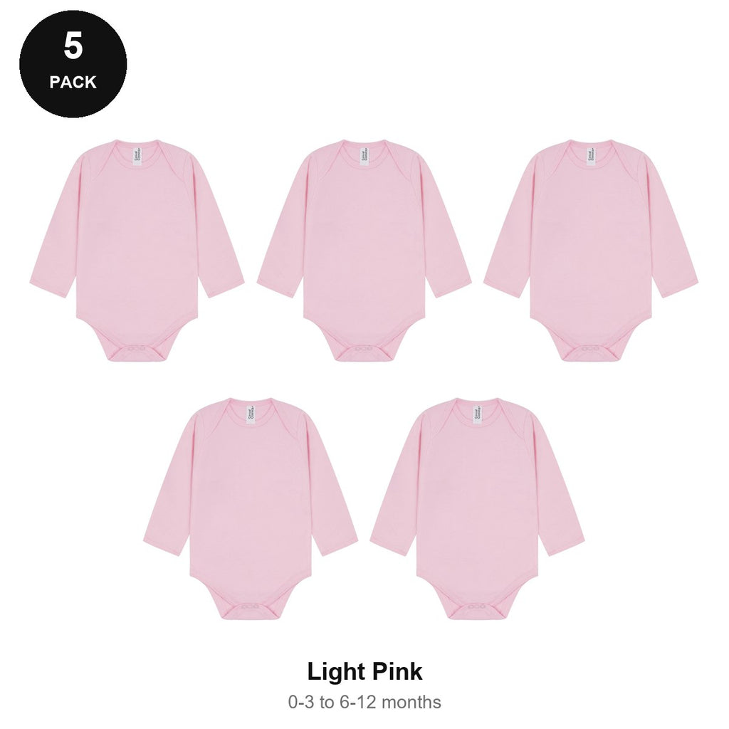 Baby Long Sleeve Bodysuits 5 Pack - 100% combed cotton interlock 180gsm, 0-12 Months - Light Pink