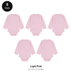 Baby Long Sleeve Bodysuits 5 Pack - 100% combed cotton interlock 180gsm, 0-12 Months - Light Pink