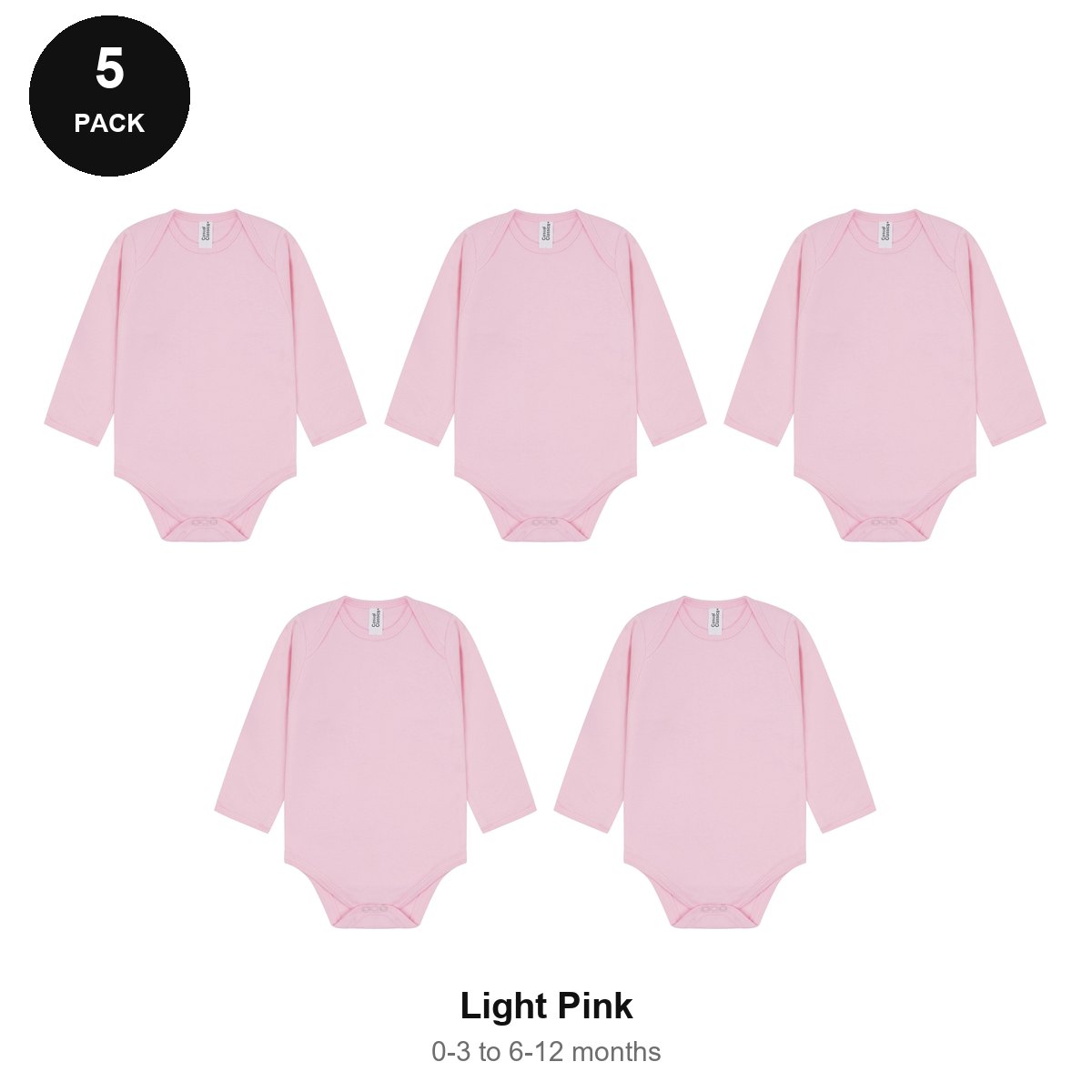 Baby Long Sleeve Bodysuits 5 Pack - 100% combed cotton interlock 180gsm, 0-12 Months - Light Pink