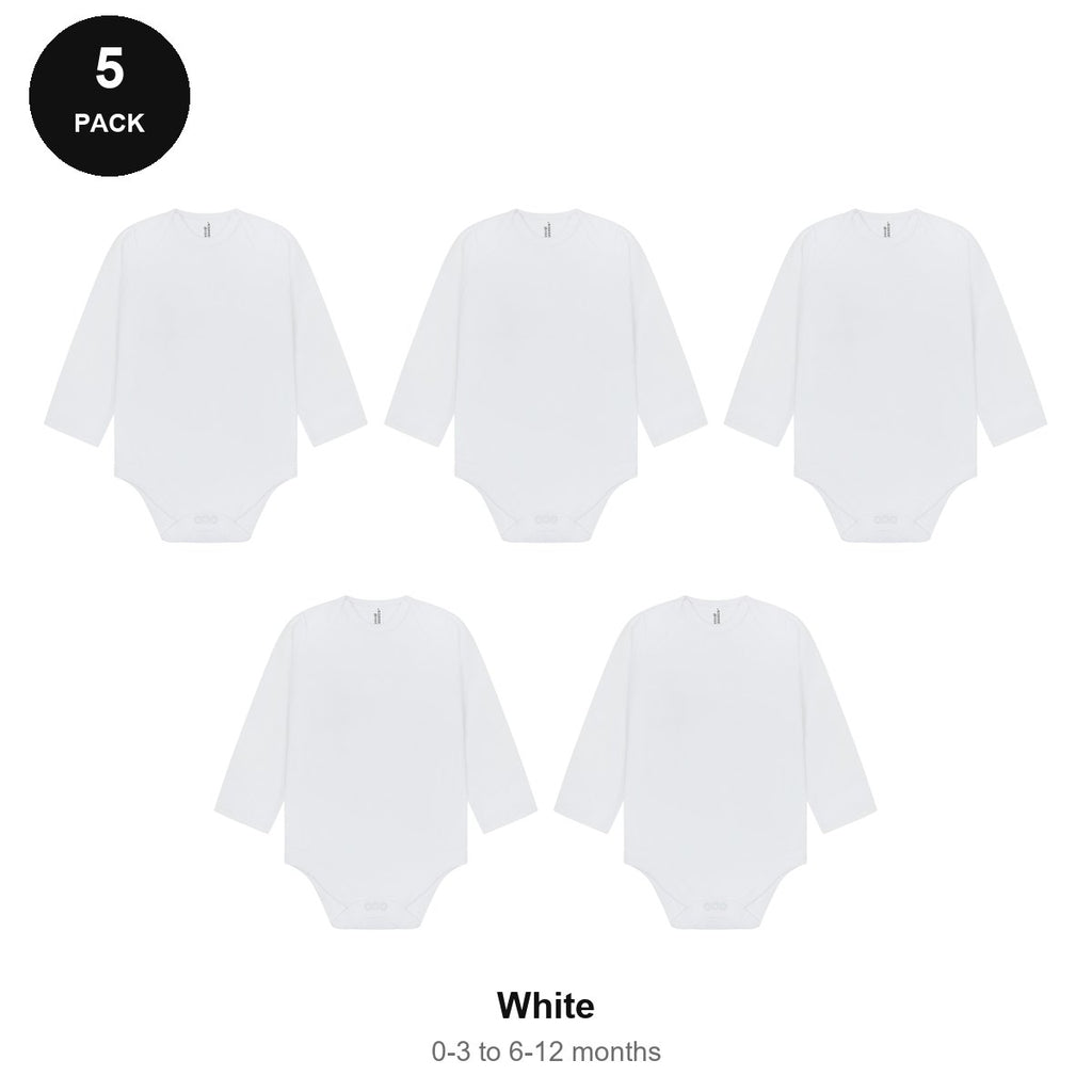 Baby Long Sleeve Bodysuits 5 Pack - 100% combed cotton interlock 180gsm, 0-12 Months - White
