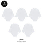 Baby Long Sleeve Bodysuits 5 Pack - 100% combed cotton interlock 180gsm, 0-12 Months - White