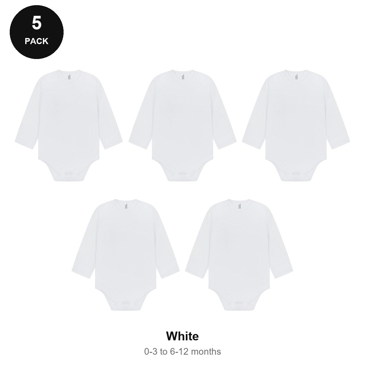 Baby Long Sleeve Bodysuits 5 Pack - 100% combed cotton interlock 180gsm, 0-12 Months - White