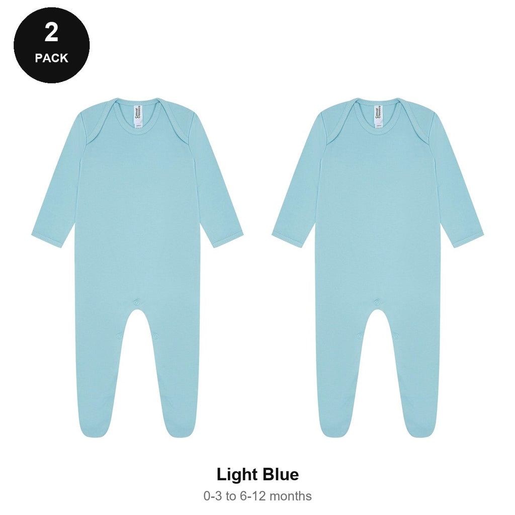 Baby Romper Suits 2 Pack - 100% combed cotton interlock 180gsm, 0-12 Months - Light Blue