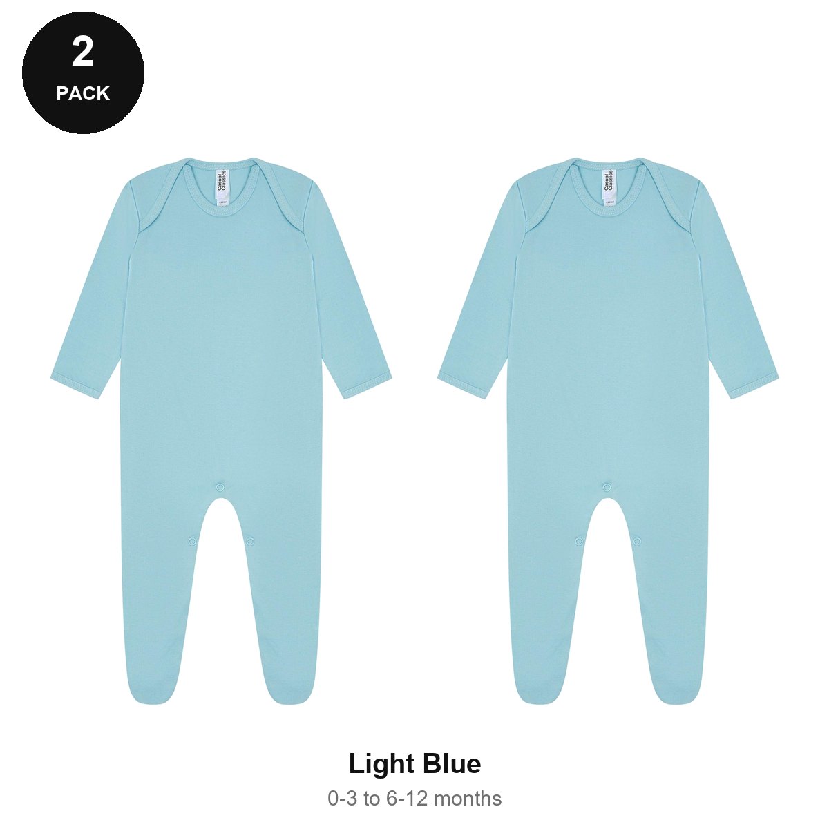Baby Romper Suits 2 Pack - 100% combed cotton interlock 180gsm, 0-12 Months - Light Blue