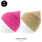 Kids Beanie Hats 2 Pack - 100% recycled polyester knit, Kids - Fuchsia + Beige