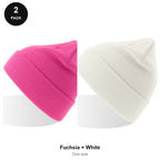 Kids Beanie Hats 2 Pack - 100% recycled polyester knit, Kids - Fuchsia + White