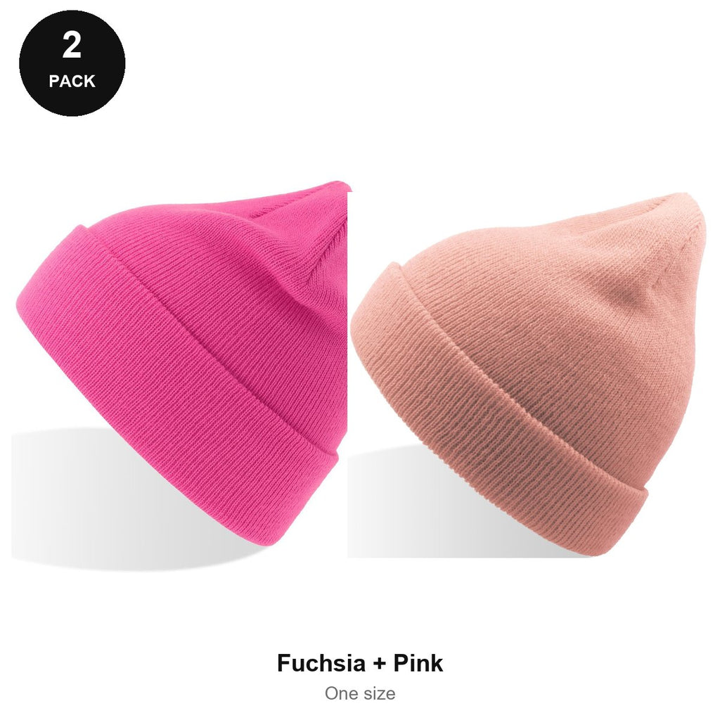 Kids Beanie Hats 2 Pack - 100% recycled polyester knit, Kids - Fuchsia + Pink