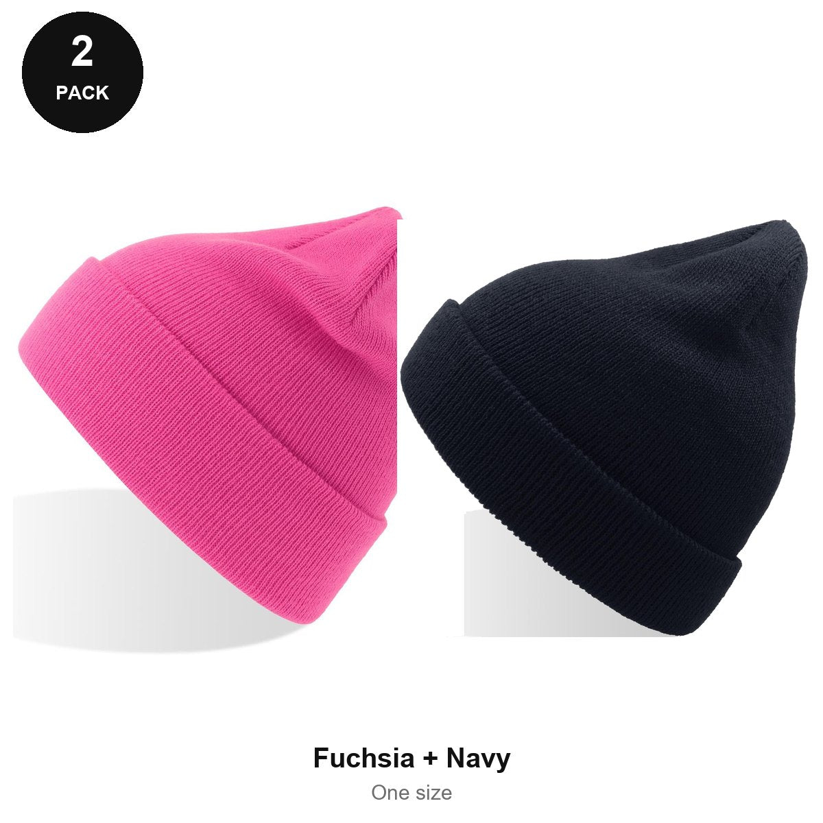 Kids Beanie Hats 2 Pack - 100% recycled polyester knit, Kids - Fuchsia + Navy