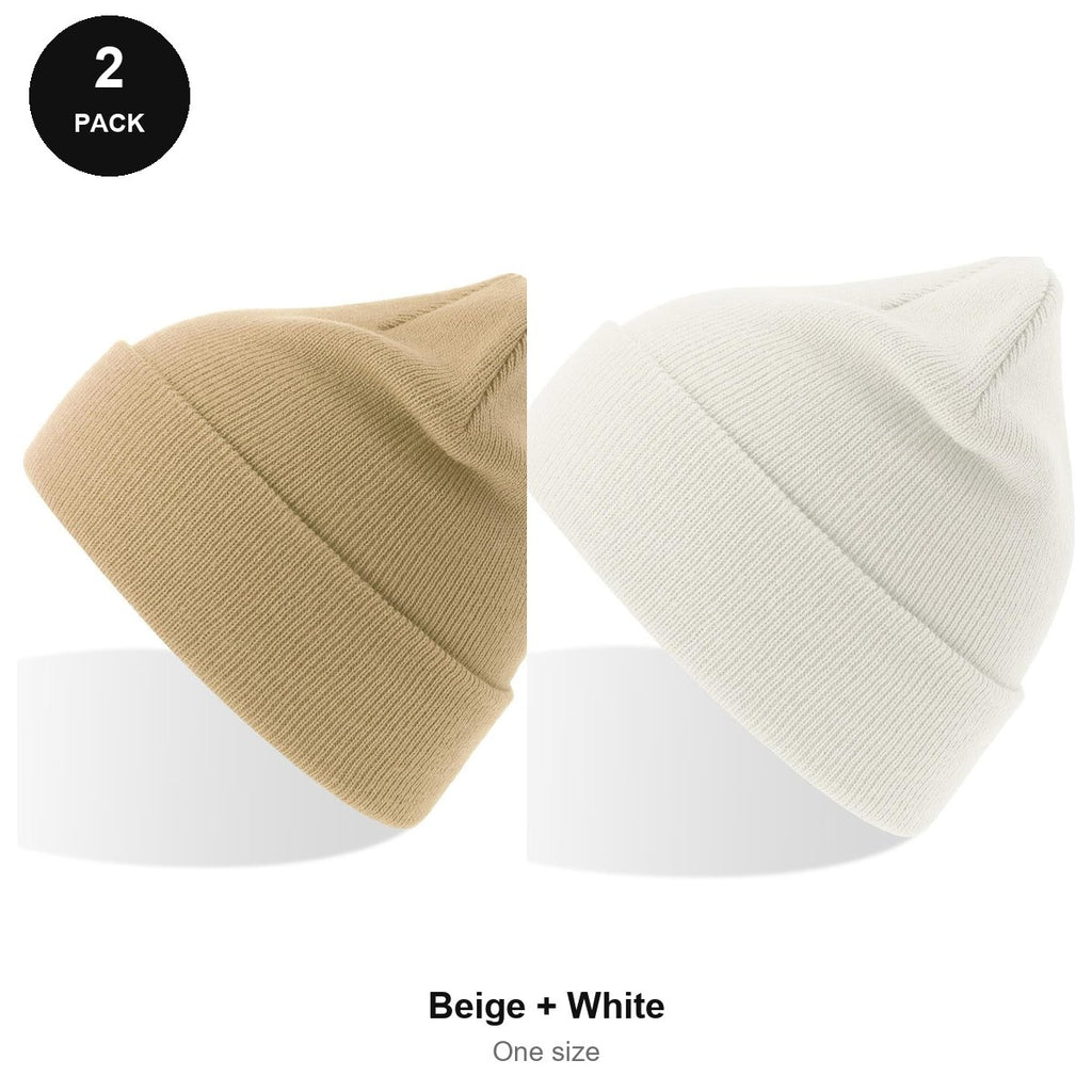 Kids Beanie Hats 2 Pack - 100% recycled polyester knit, Kids - Beige + White