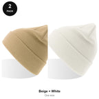 Kids Beanie Hats 2 Pack - 100% recycled polyester knit, Kids - Beige + White