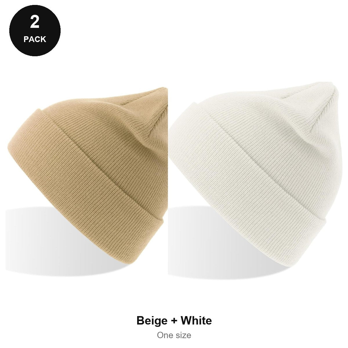 Kids Beanie Hats 2 Pack - 100% recycled polyester knit, Kids - Beige + White