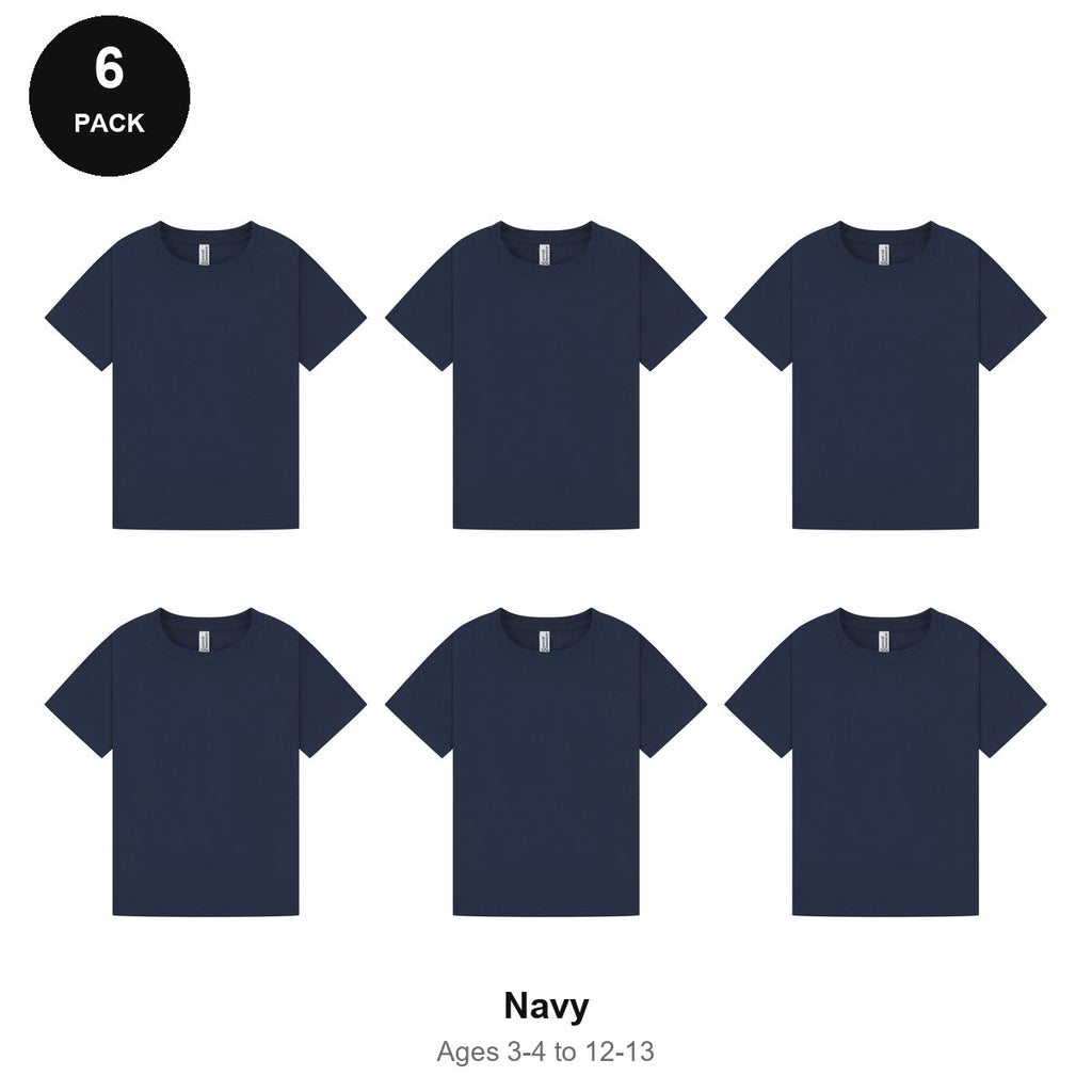 Kids Plain T-Shirts 6 Pack - 100% ringspun cotton 150gsm, Ages 3-13, School & PE - Navy