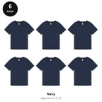 Kids Plain T-Shirts 6 Pack - 100% ringspun cotton 150gsm, Ages 3-13, School & PE - Navy