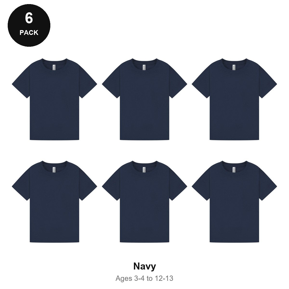 Kids Plain T-Shirts 6 Pack - 100% ringspun cotton 150gsm, Ages 3-13, School & PE - Navy