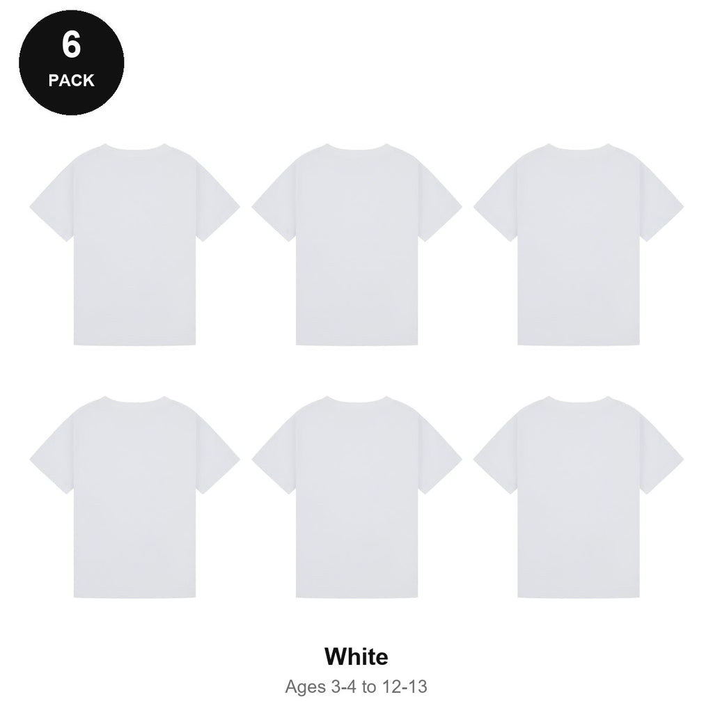 Kids Plain T-Shirts 6 Pack - 100% ringspun cotton 150gsm, Ages 3-13, School & PE - White