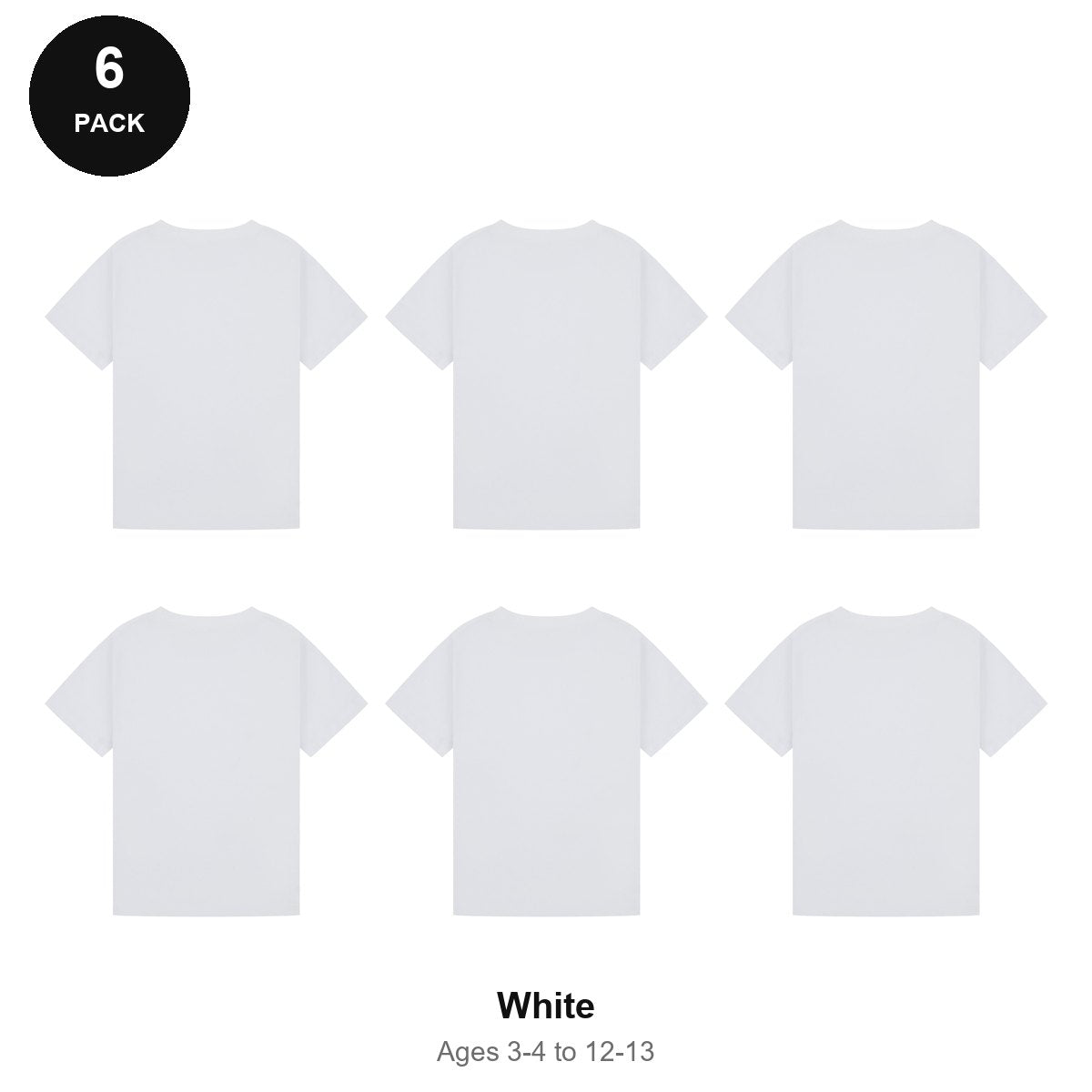 Kids Plain T-Shirts 6 Pack - 100% ringspun cotton 150gsm, Ages 3-13, School & PE - White