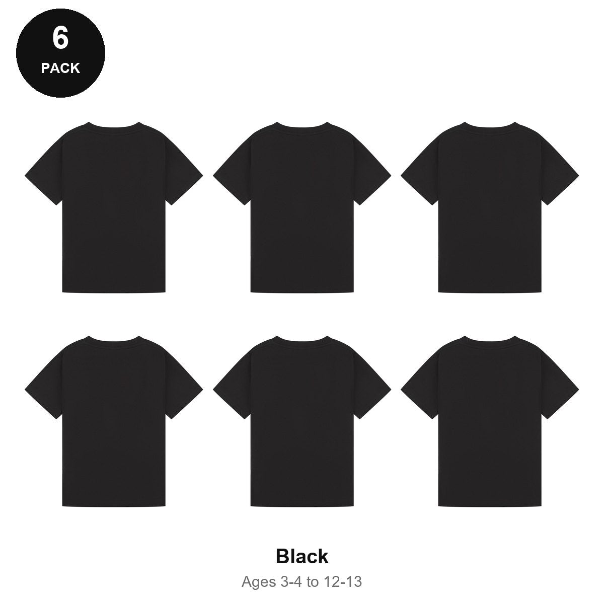 Kids Plain T-Shirts 6 Pack - 100% ringspun cotton 150gsm, Ages 3-13, School & PE - Black