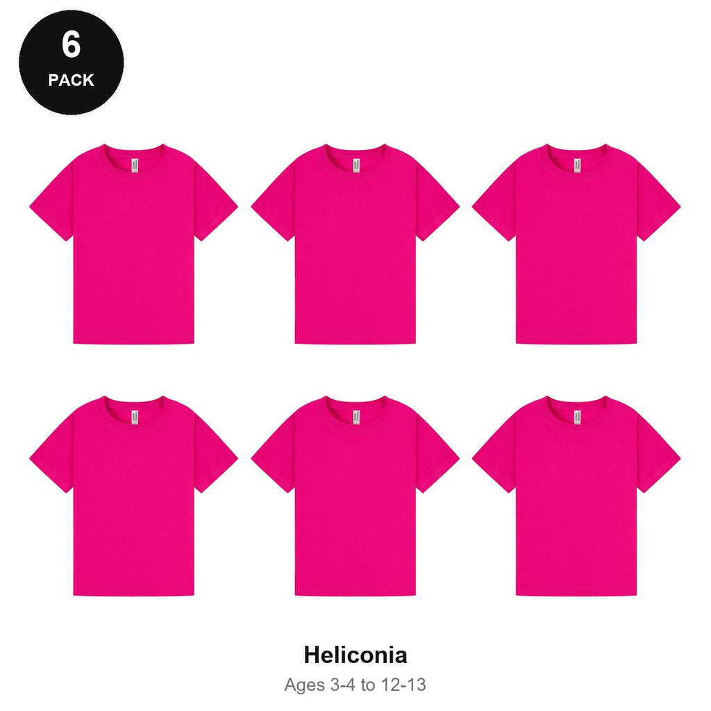 Kids Plain T-Shirts 6 Pack - 100% ringspun cotton 150gsm, Ages 3-13, School & PE - Heliconia