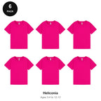 Kids Plain T-Shirts 6 Pack - 100% ringspun cotton 150gsm, Ages 3-13, School & PE - Heliconia