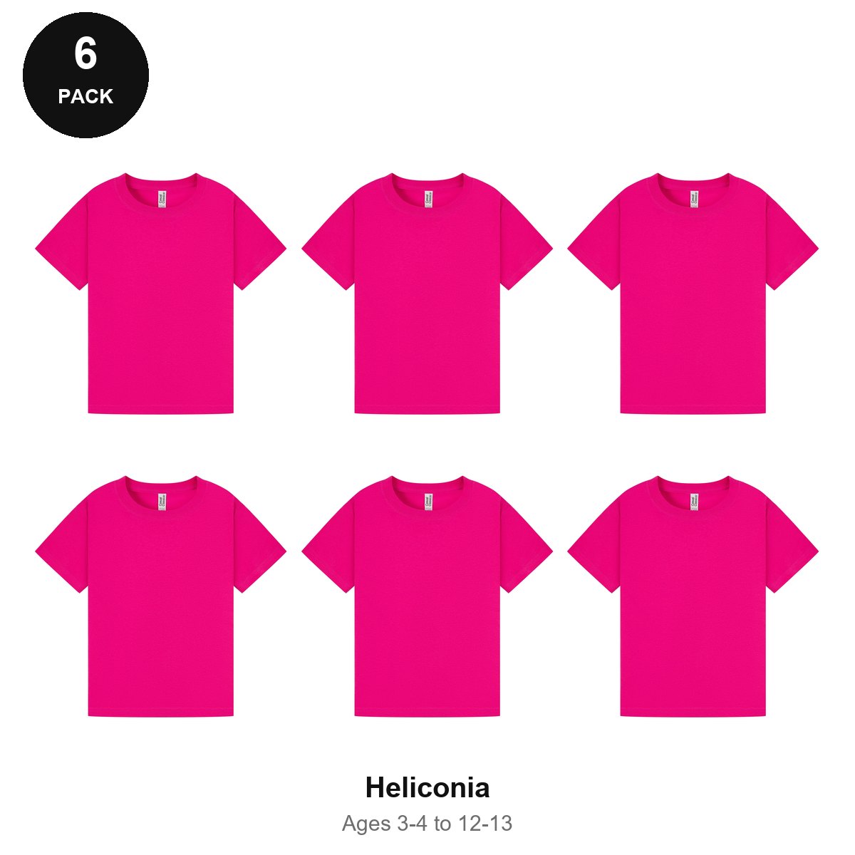 Kids Plain T-Shirts 6 Pack - 100% ringspun cotton 150gsm, Ages 3-13, School & PE - Heliconia