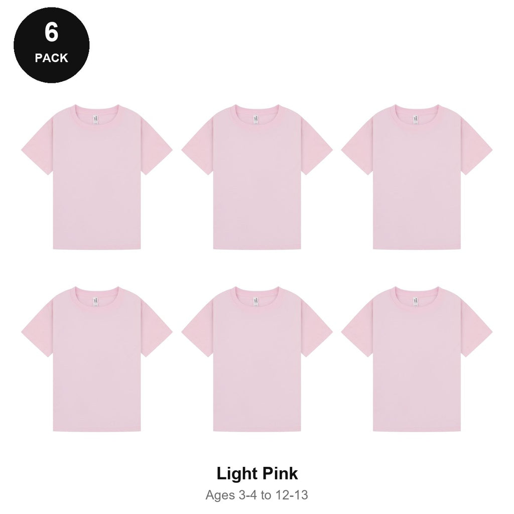 Kids Plain T-Shirts 6 Pack - 100% ringspun cotton 150gsm, Ages 3-13, School & PE - Light Pink