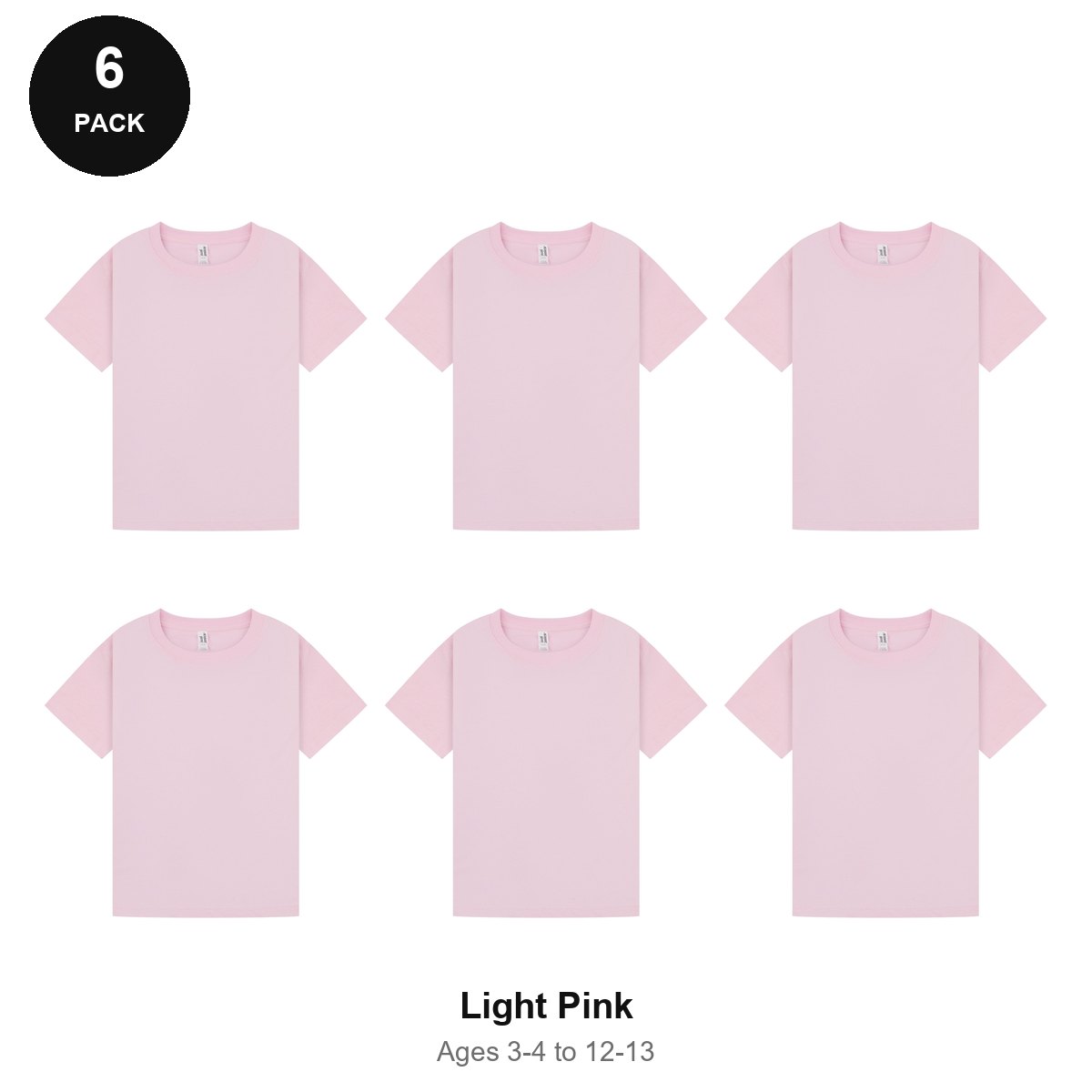 Kids Plain T-Shirts 6 Pack - 100% ringspun cotton 150gsm, Ages 3-13, School & PE - Light Pink