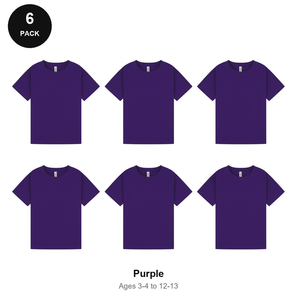 Kids Plain T-Shirts 6 Pack - 100% ringspun cotton 150gsm, Ages 3-13, School & PE - Purple
