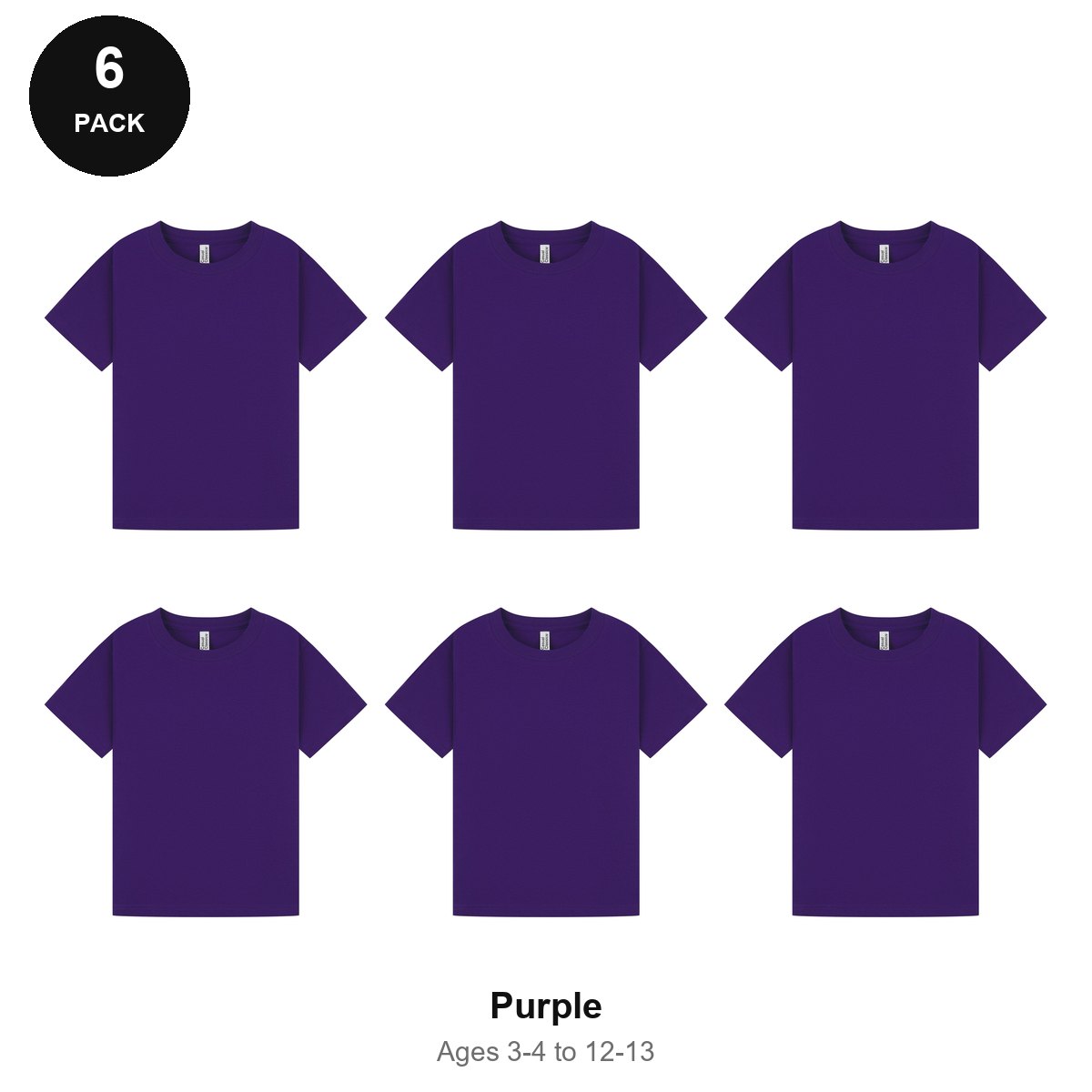 Kids Plain T-Shirts 6 Pack - 100% ringspun cotton 150gsm, Ages 3-13, School & PE - Purple