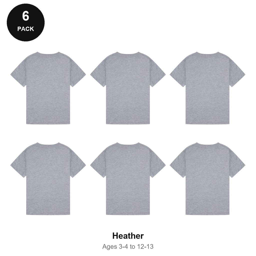 Kids Plain T-Shirts 6 Pack - 100% ringspun cotton 150gsm, Ages 3-13, School & PE - Heather
