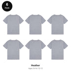Kids Plain T-Shirts 6 Pack - 100% ringspun cotton 150gsm, Ages 3-13, School & PE - Heather