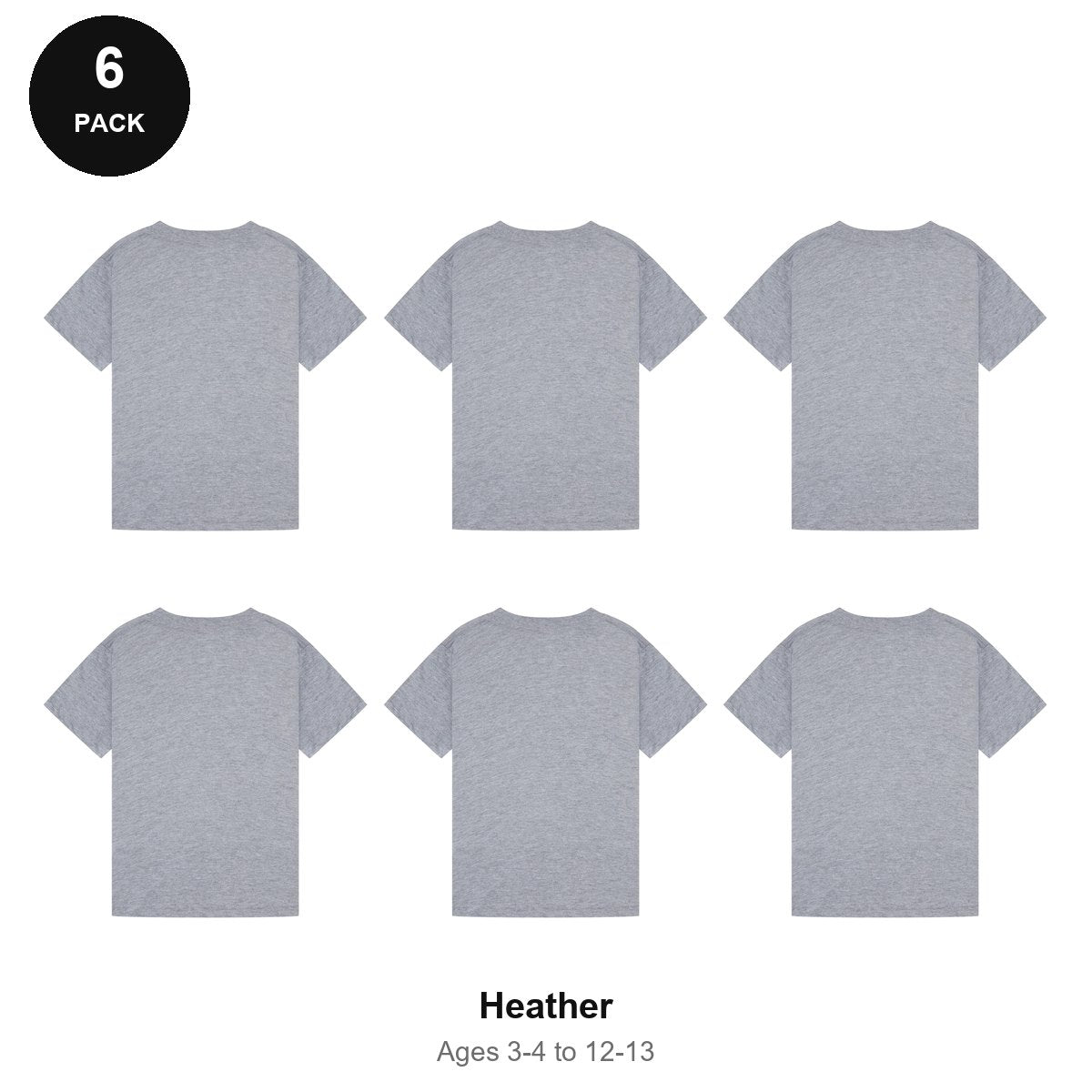 Kids Plain T-Shirts 6 Pack - 100% ringspun cotton 150gsm, Ages 3-13, School & PE - Heather
