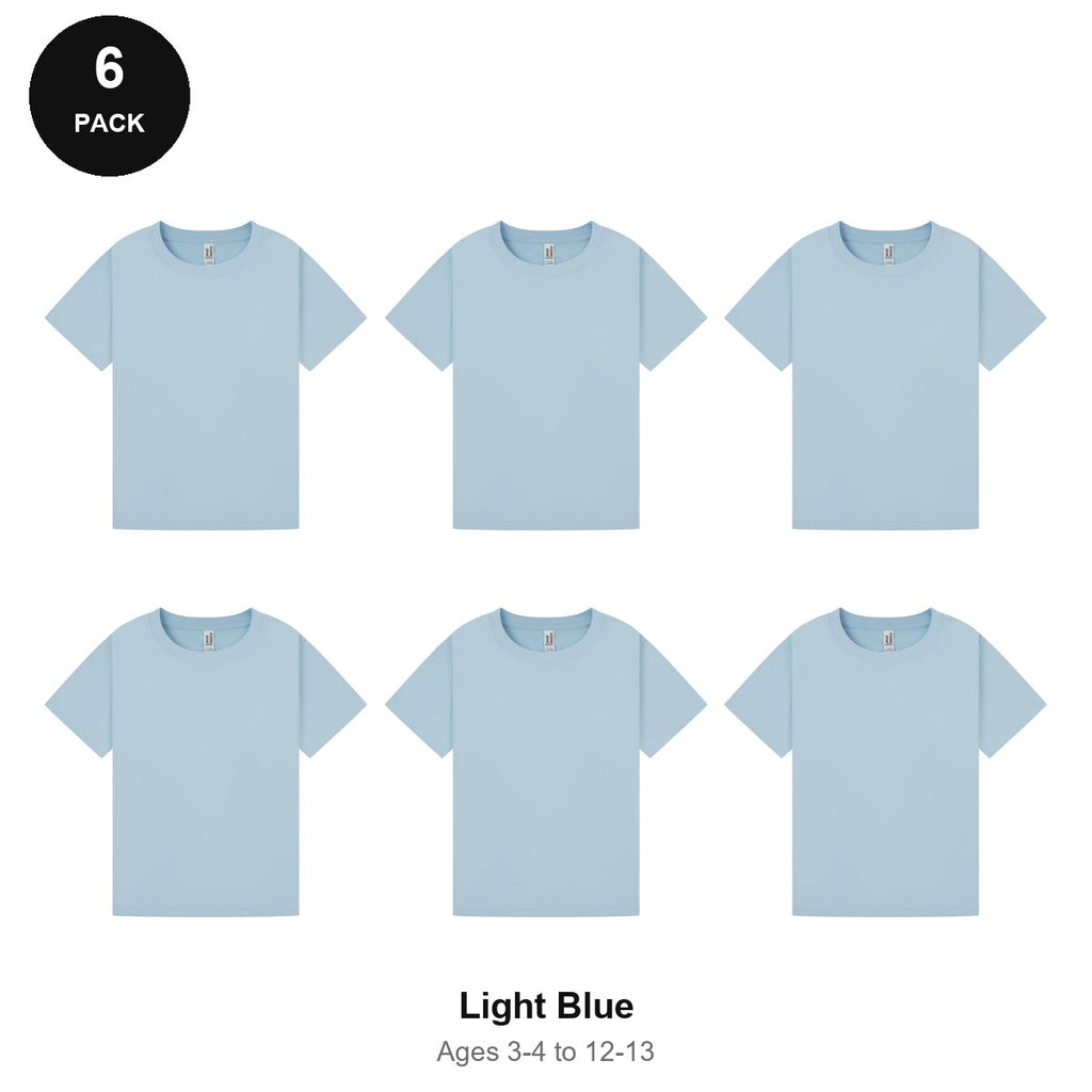 Kids Plain T-Shirts 6 Pack - 100% ringspun cotton 150gsm, Ages 3-13, School & PE - Light Blue