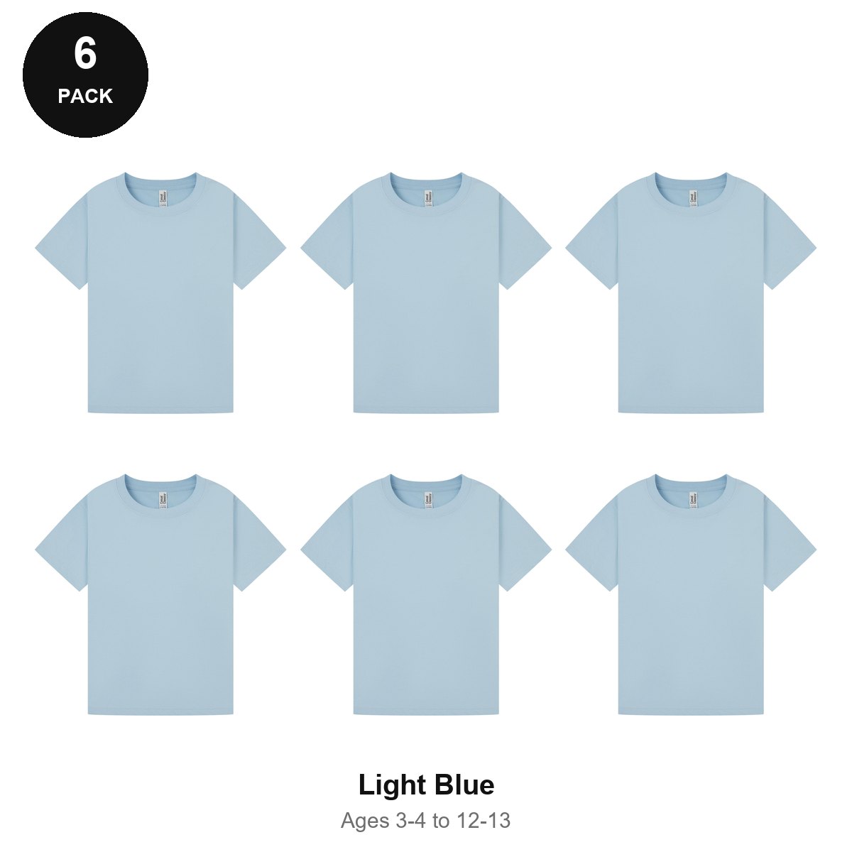 Kids Plain T-Shirts 6 Pack - 100% ringspun cotton 150gsm, Ages 3-13, School & PE - Light Blue