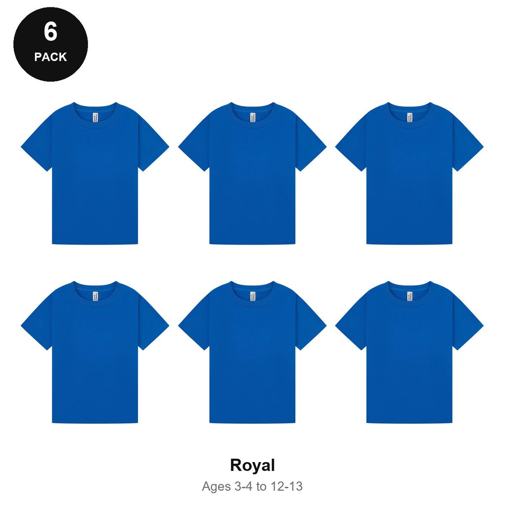 Kids Plain T-Shirts 6 Pack - 100% ringspun cotton 150gsm, Ages 3-13, School & PE - Royal