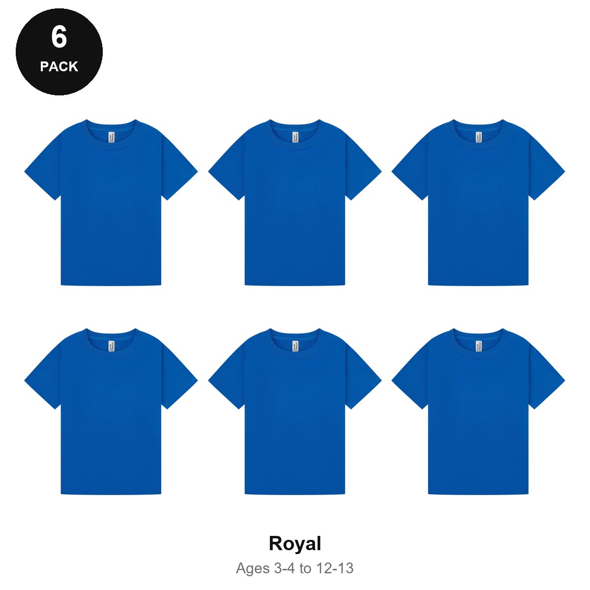 Kids Plain T-Shirts 6 Pack - 100% ringspun cotton 150gsm, Ages 3-13, School & PE - Royal