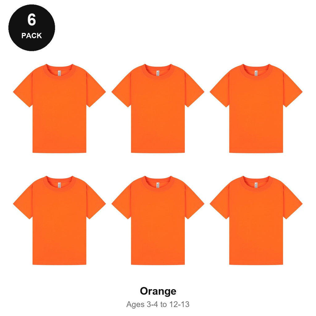 Kids Plain T-Shirts 6 Pack - 100% ringspun cotton 150gsm, Ages 3-13, School & PE - Orange