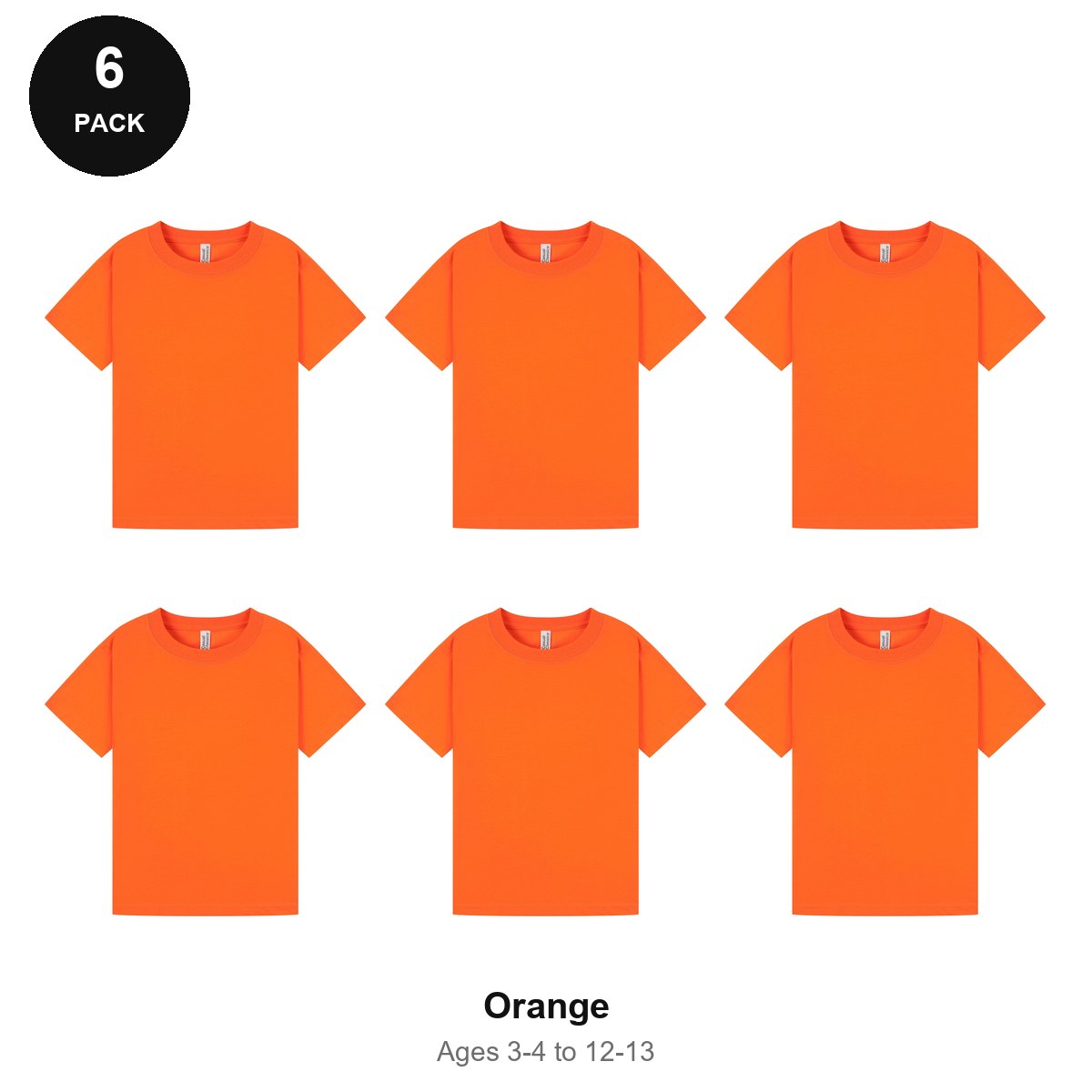 Kids Plain T-Shirts 6 Pack - 100% ringspun cotton 150gsm, Ages 3-13, School & PE - Orange