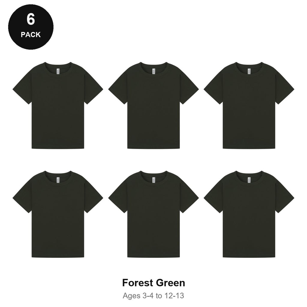 Kids Plain T-Shirts 6 Pack - 100% ringspun cotton 150gsm, Ages 3-13, School & PE - Forest Green