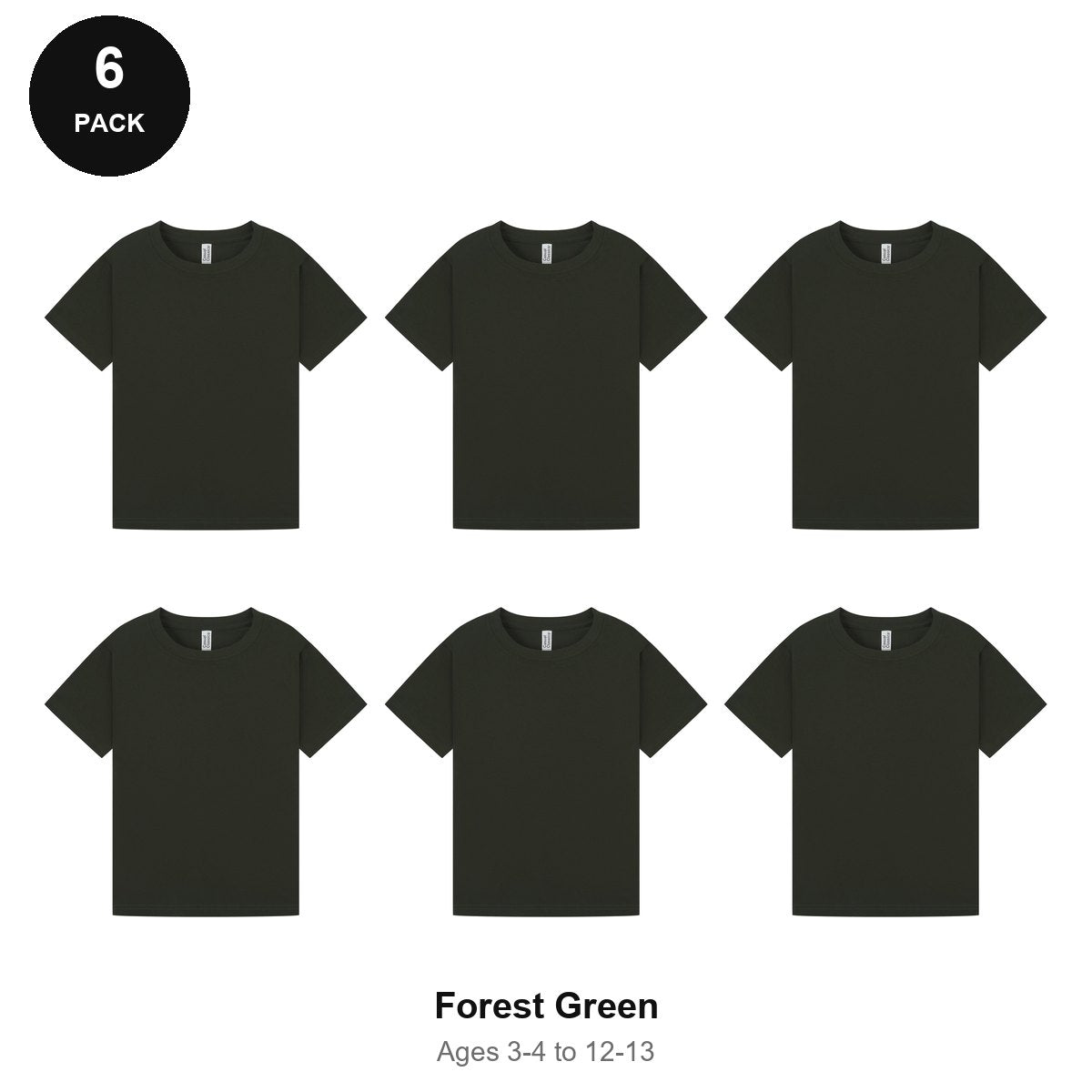 Kids Plain T-Shirts 6 Pack - 100% ringspun cotton 150gsm, Ages 3-13, School & PE - Forest Green