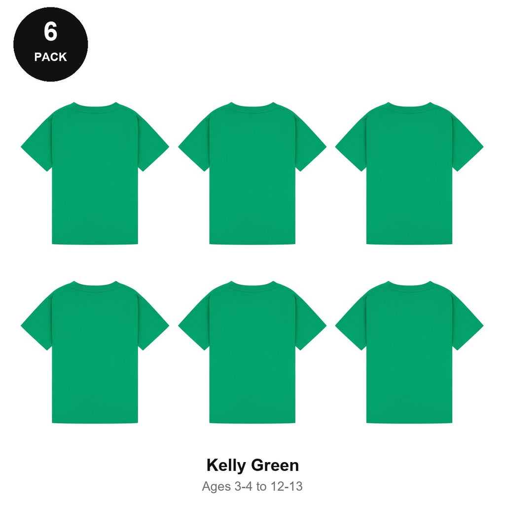 Kids Plain T-Shirts 6 Pack - 100% ringspun cotton 150gsm, Ages 3-13, School & PE - Kelly Green