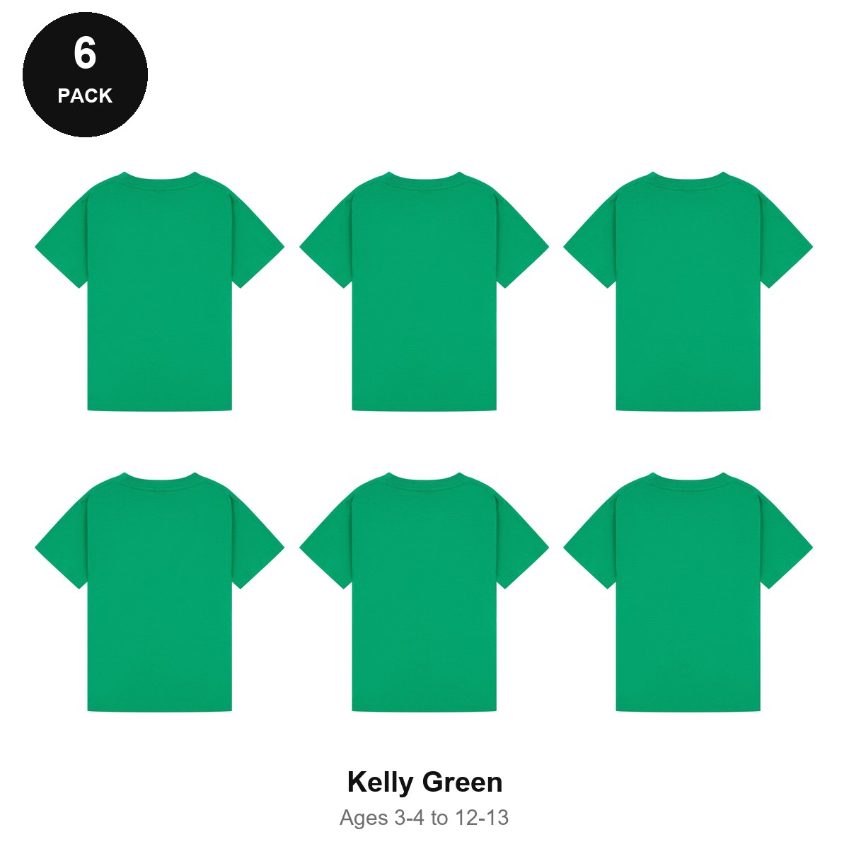 Kids Plain T-Shirts 6 Pack - 100% ringspun cotton 150gsm, Ages 3-13, School & PE - Kelly Green