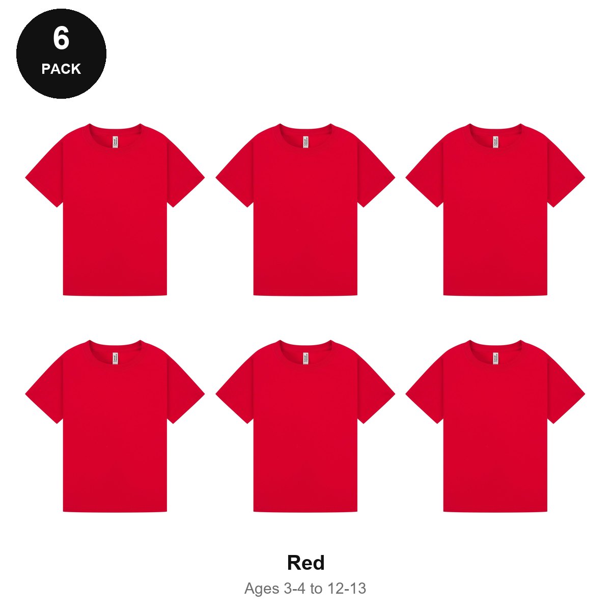Kids Plain T-Shirts 6 Pack - 100% ringspun cotton 150gsm, Ages 3-13, School & PE - Red