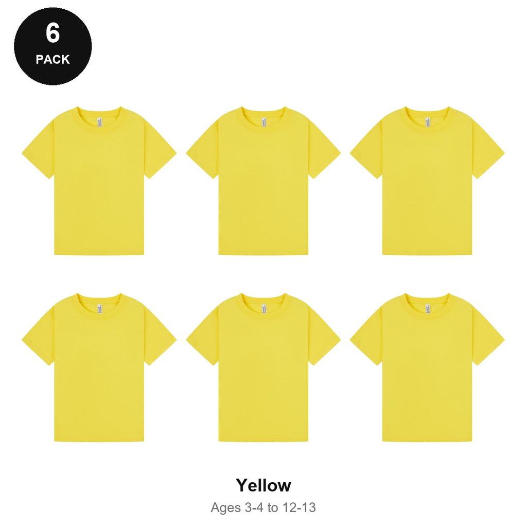 Kids Plain T-Shirts 6 Pack - 100% ringspun cotton 150gsm, Ages 3-13, School & PE - Yellow
