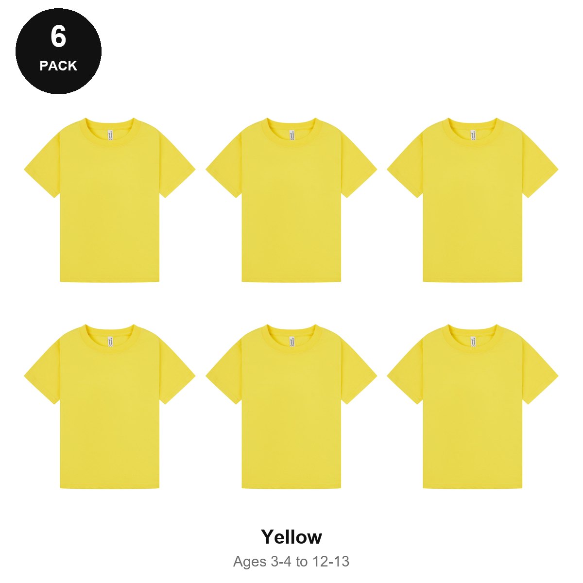Kids Plain T-Shirts 6 Pack - 100% ringspun cotton 150gsm, Ages 3-13, School & PE - Yellow