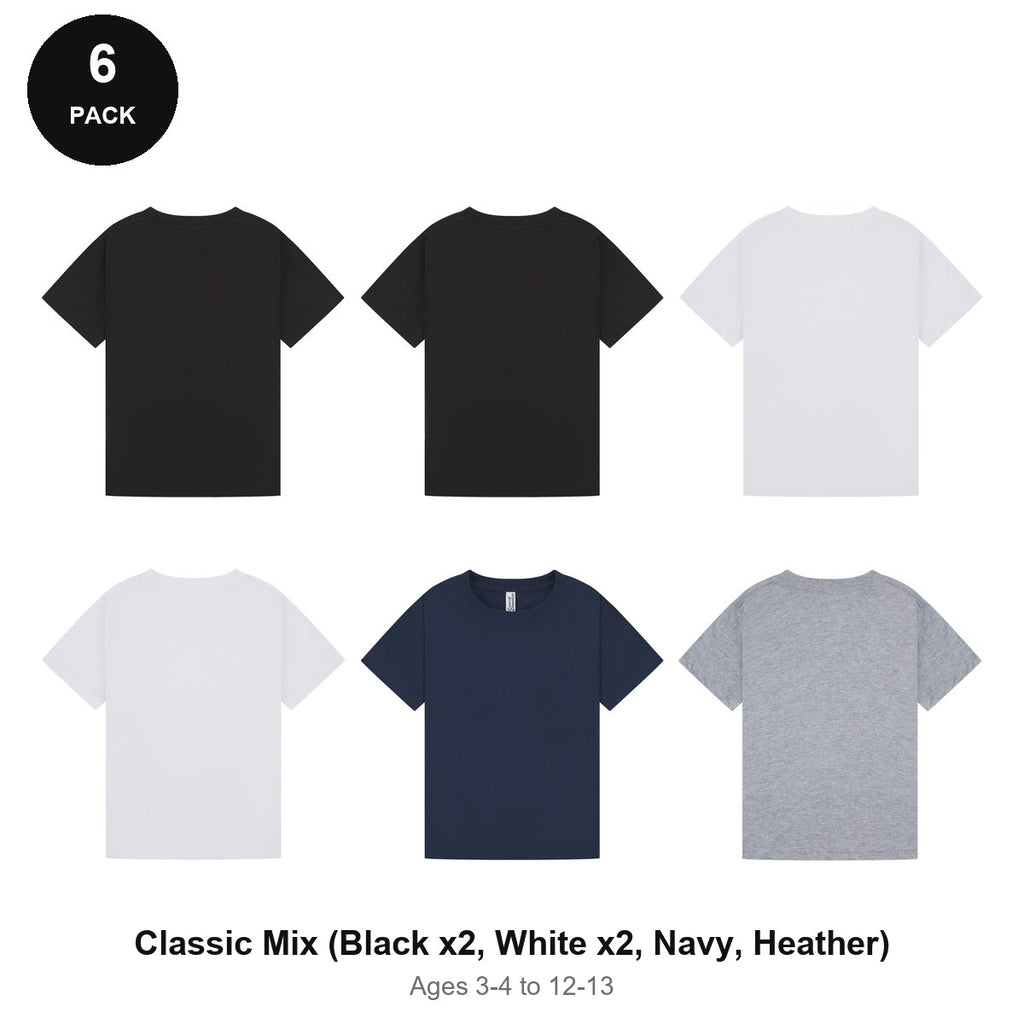 Kids Plain T-Shirts 6 Pack - 100% ringspun cotton 150gsm, Ages 3-13, School & PE - Classic Mix (Black x2, White x2, Navy, Heather)