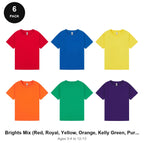 Kids Plain T-Shirts 6 Pack - 100% ringspun cotton 150gsm, Ages 3-13, School & PE - Brights Mix (Red, Royal, Yellow, Orange, Kelly Green, Purple)