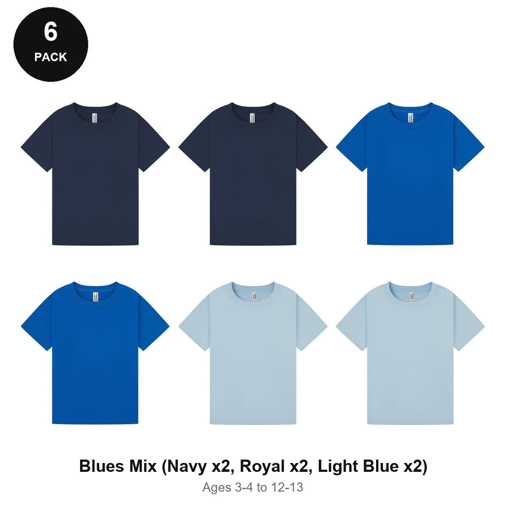 Kids Plain T-Shirts 6 Pack - 100% ringspun cotton 150gsm, Ages 3-13, School & PE - Blues Mix (Navy x2, Royal x2, Light Blue x2)