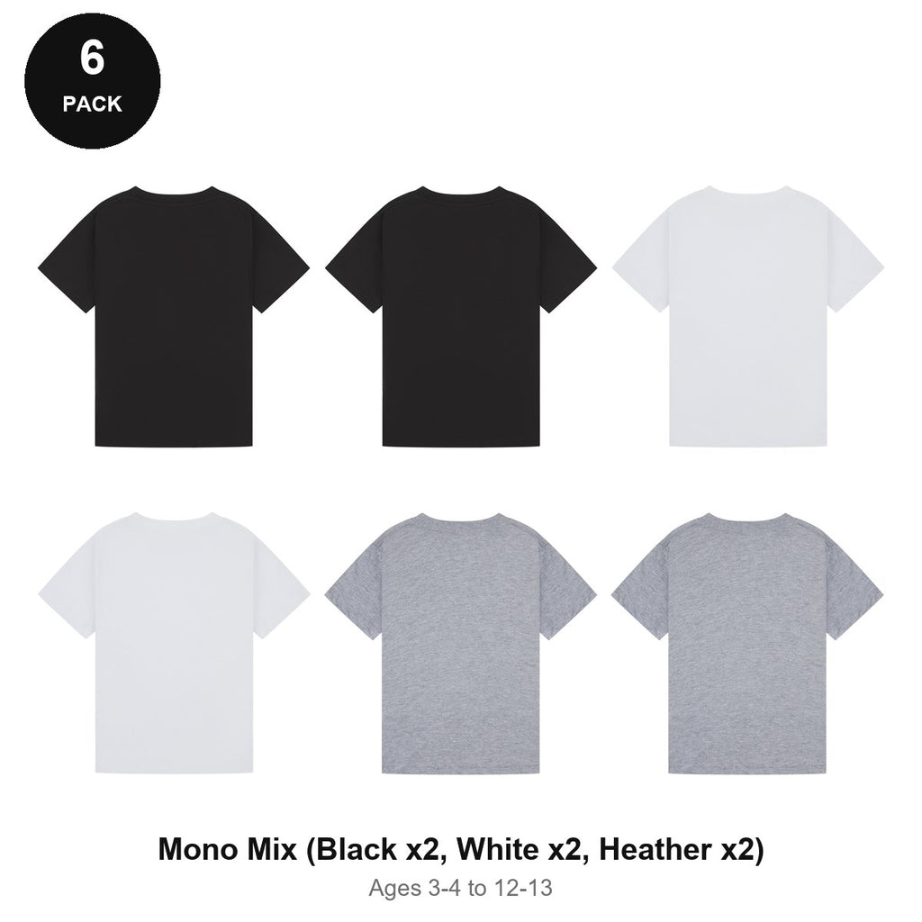 Kids Plain T-Shirts 6 Pack - 100% ringspun cotton 150gsm, Ages 3-13, School & PE - Mono Mix (Black x2, White x2, Heather x2)